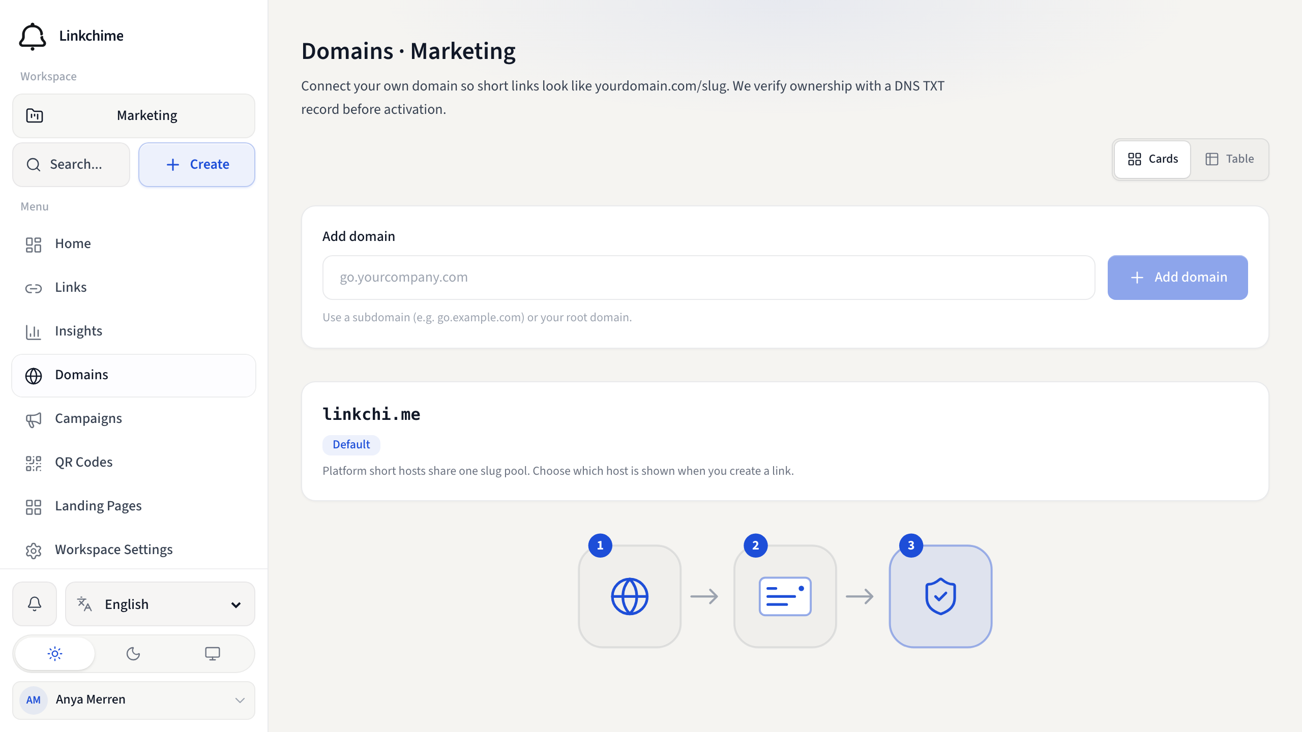 Domains page for adding and verifying a custom domain
