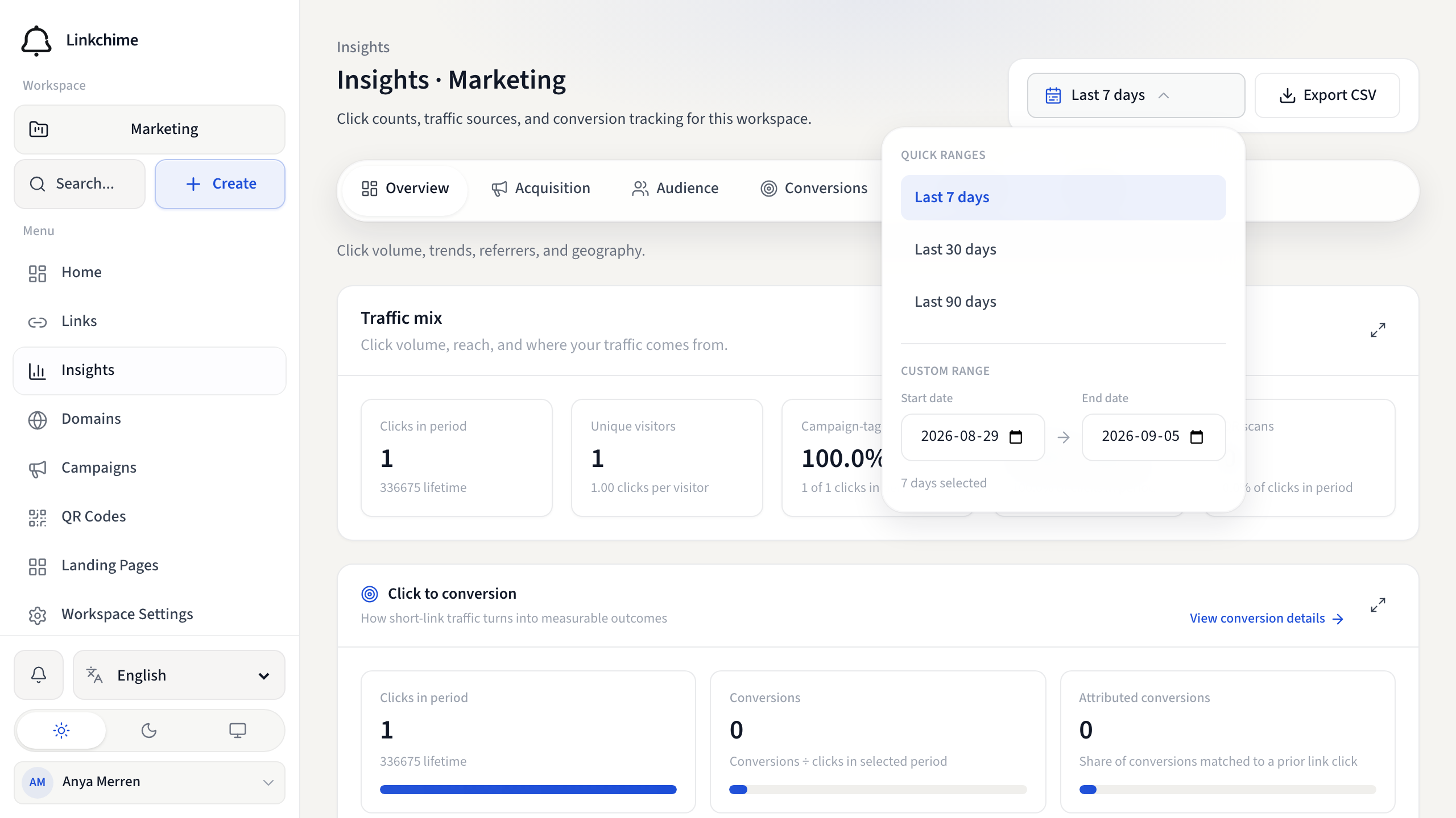 Insights date range picker with presets and custom dates