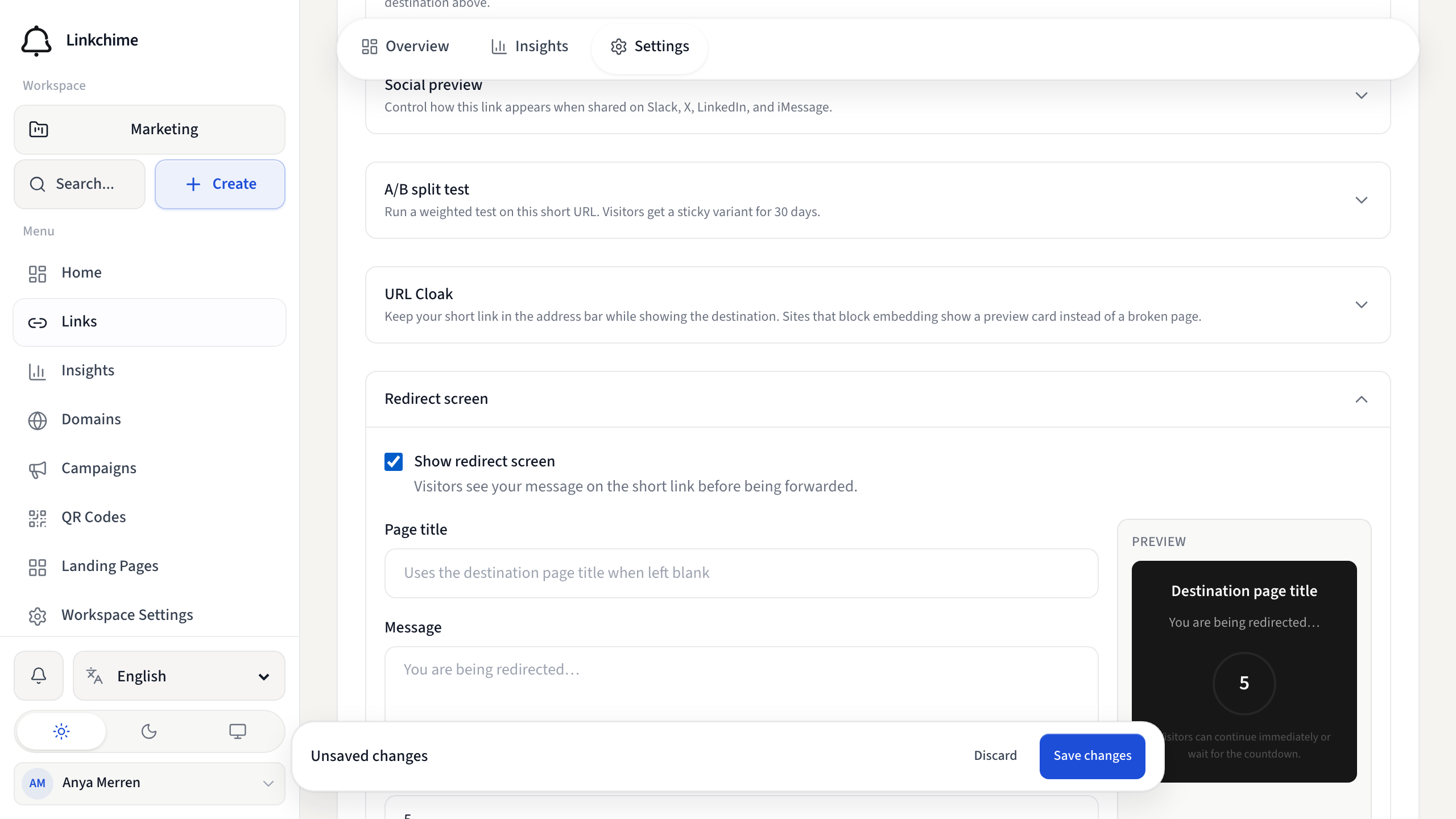Link settings with the redirect screen options
