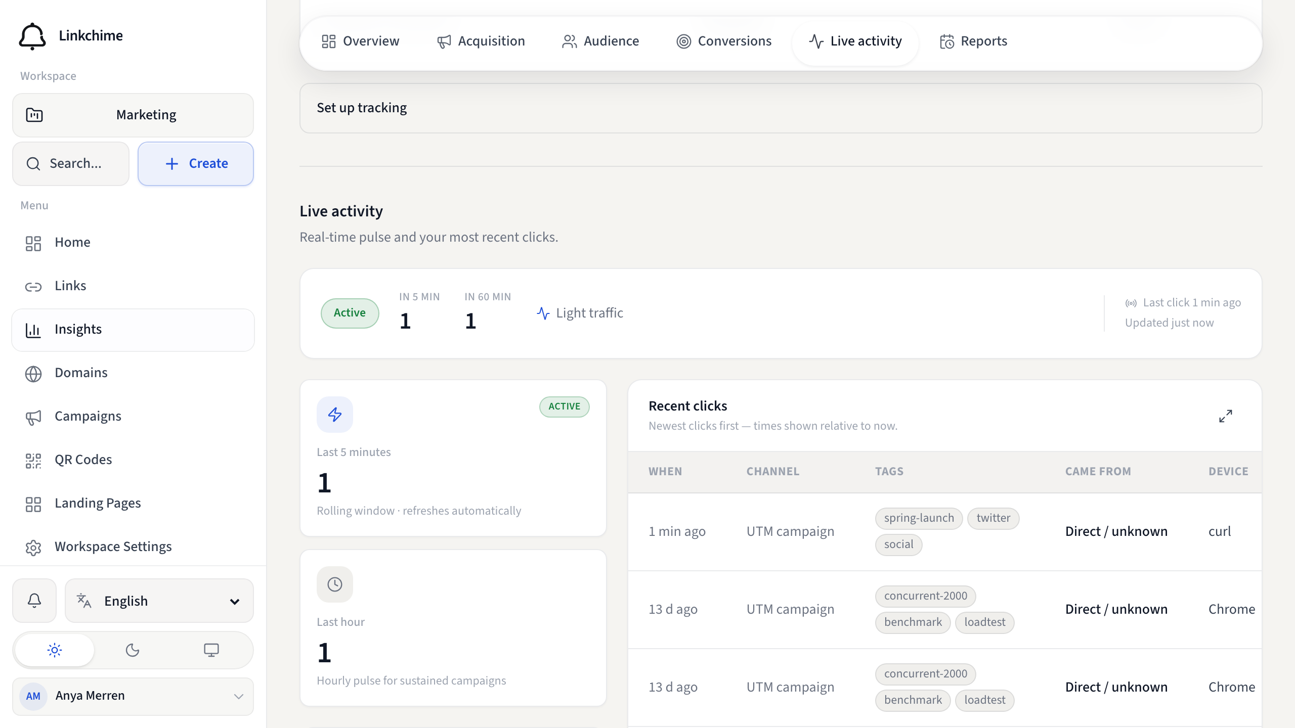 Insights Live activity tab with recent clicks