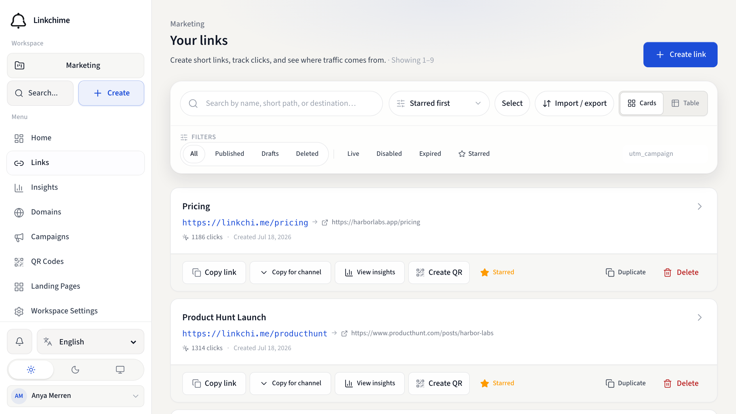 Links page with cards, search, and filters
