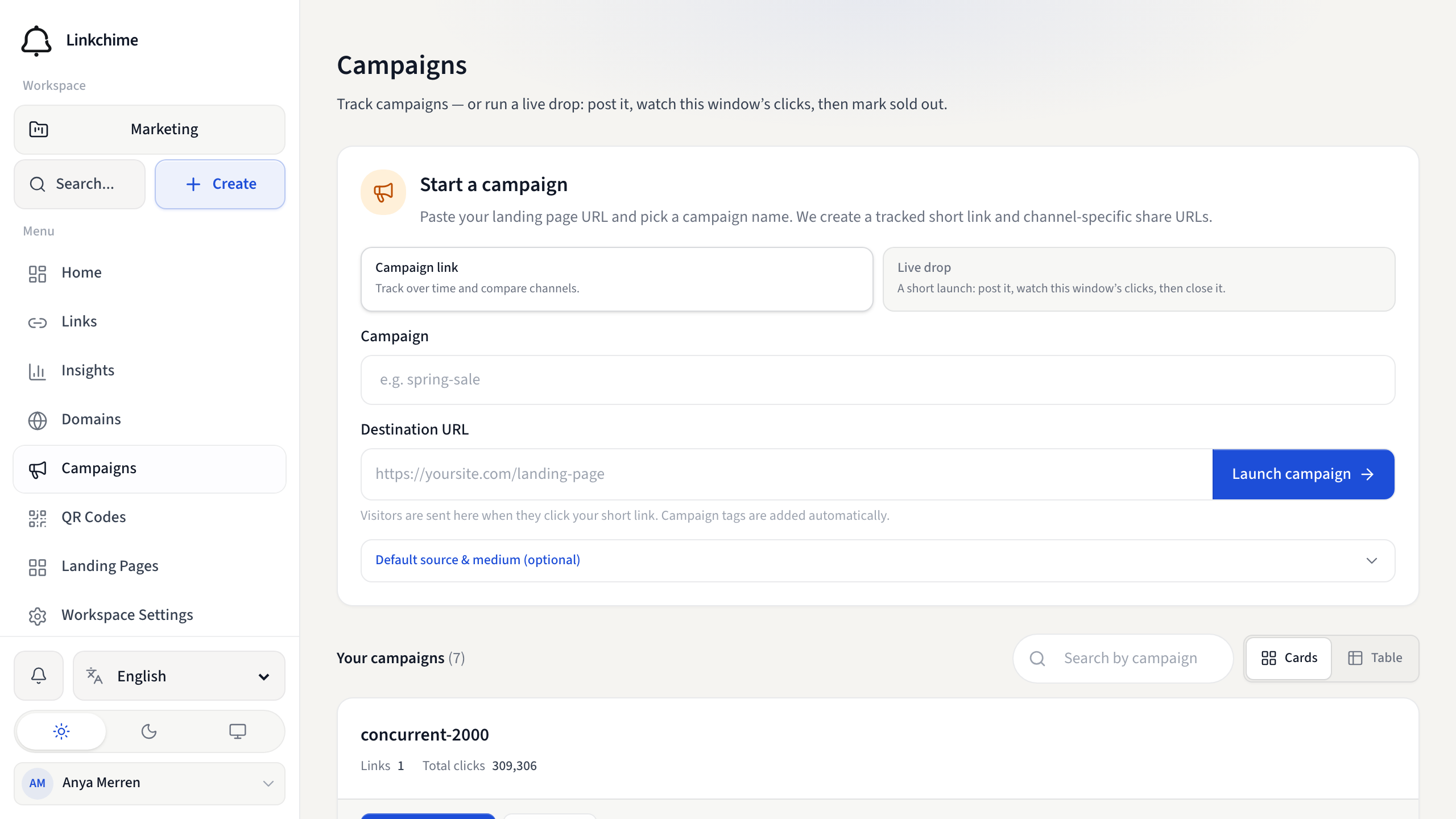 Campaigns page with the start-a-campaign form