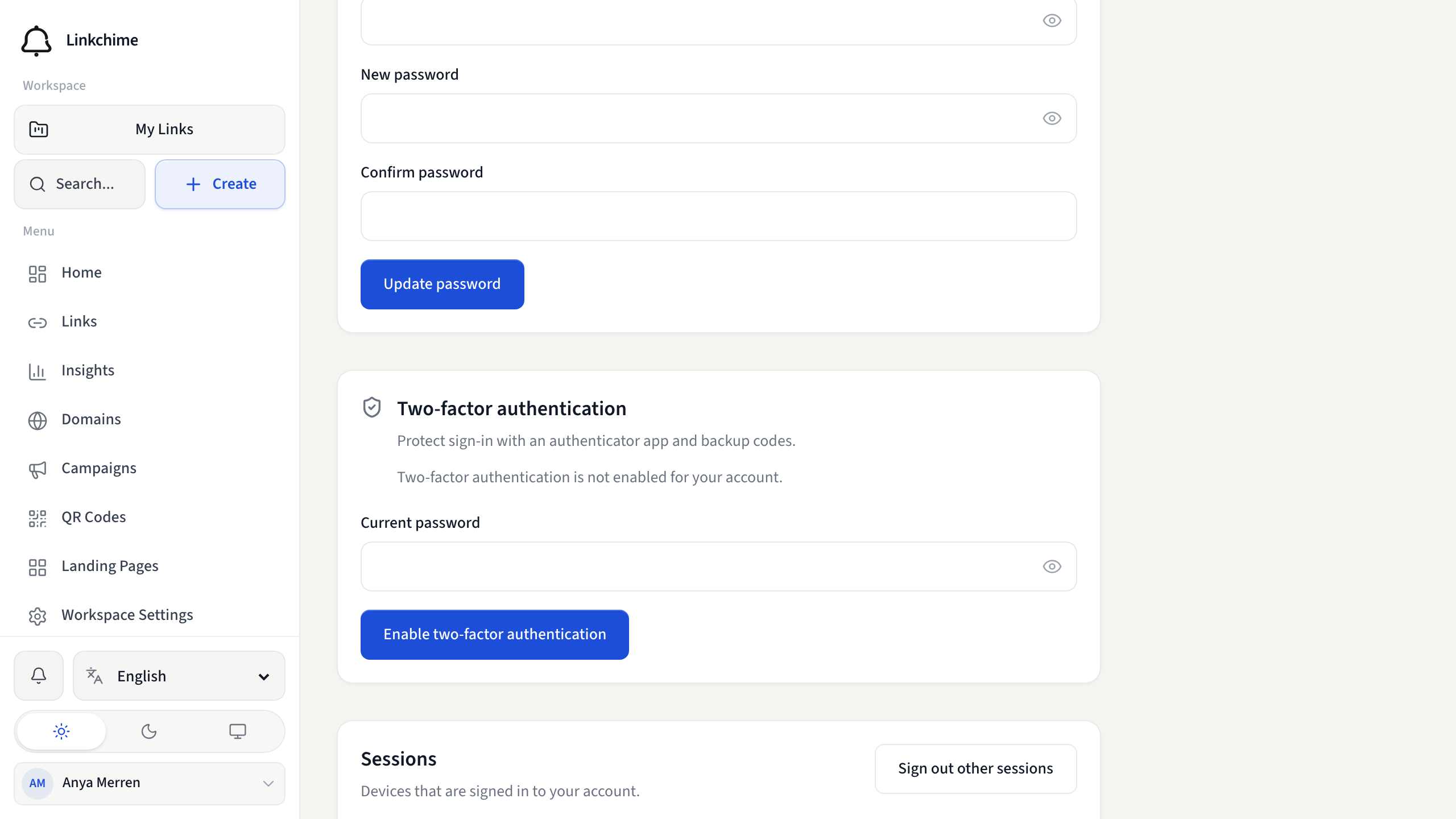 Account settings Two-factor authentication section