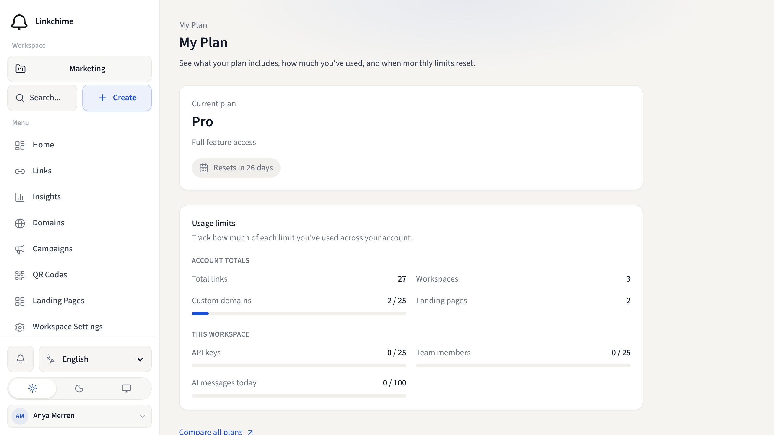 My Plan page with current plan and usage meters