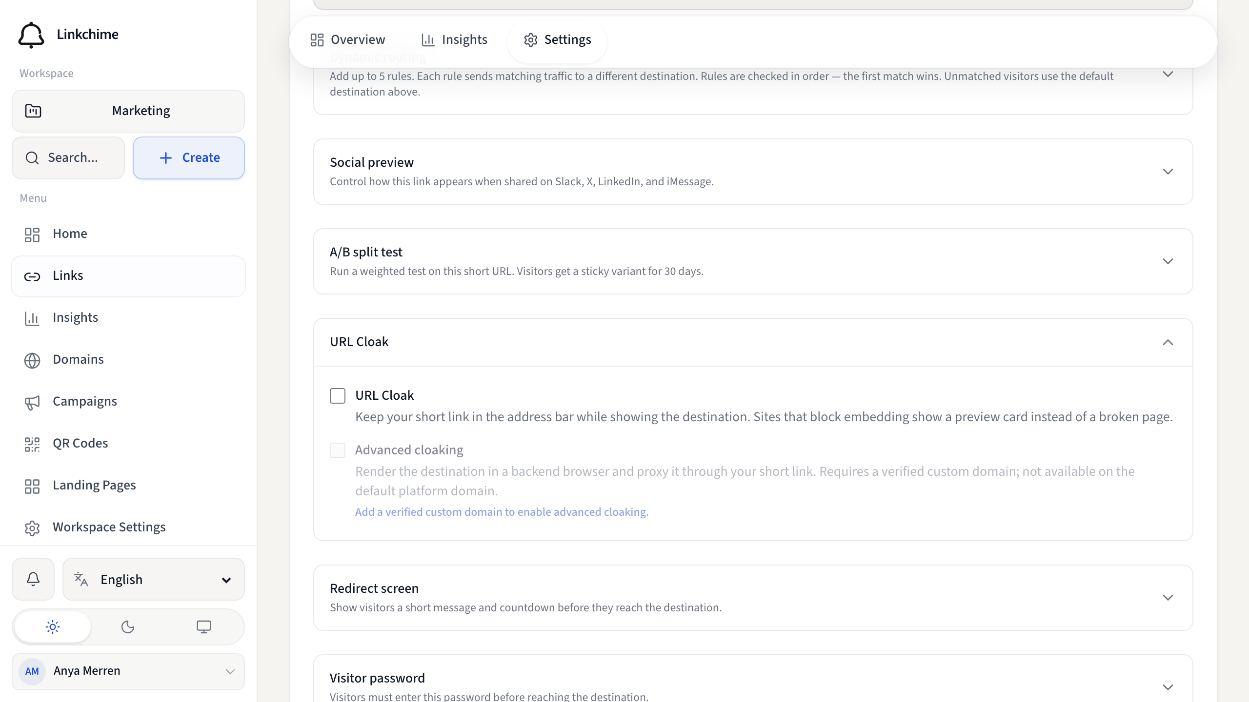 Link settings showing URL Cloak options